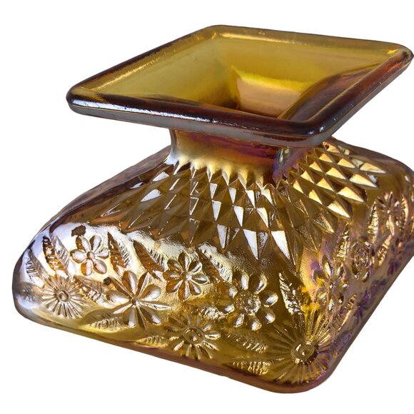 Vintage Iridescent Gold Carnival Glass Diamond Shaped Footed Candy Dish Floral - Picture 11 of 16
